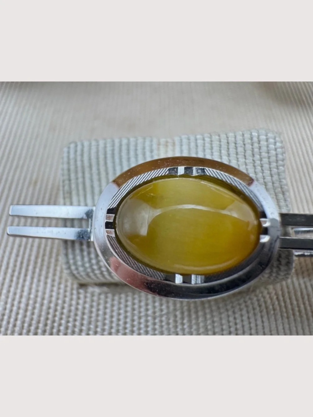 Vintage Yellow Cats Eye Cufflinks Tie Clip Set Silver Tone Japan Mens Formal Box